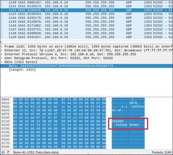 wireshark packet capture screenshot of administrative password in udp network traffic